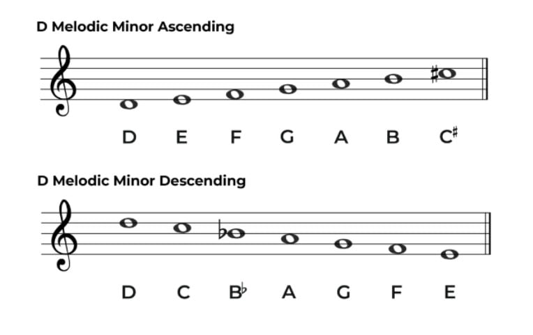 Notes on the D melodic minor scale