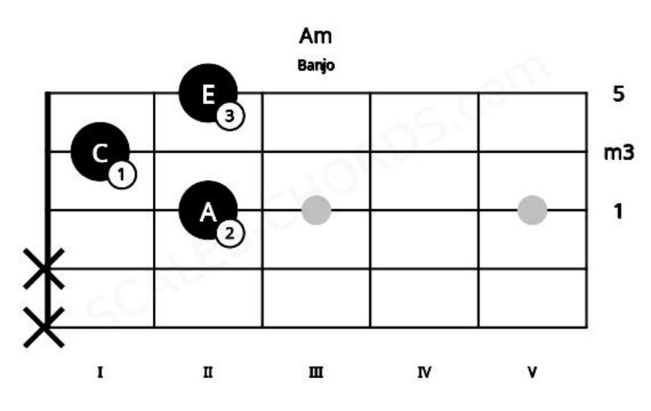 Overview of A minor banjo chord